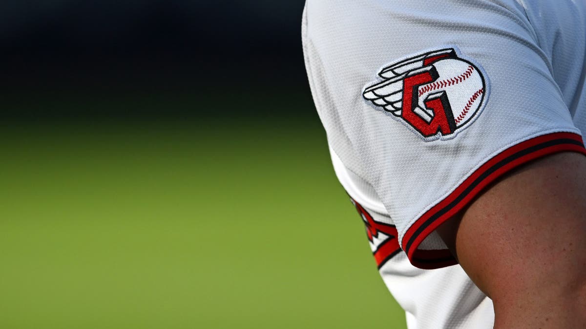 Nolan Jones' Cleveland Guardians logo on Nike jersey at Progressive Field.