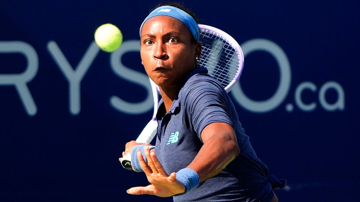 Coco Gauff prepares to return a shot during round two of the National Bank Open tennis match.