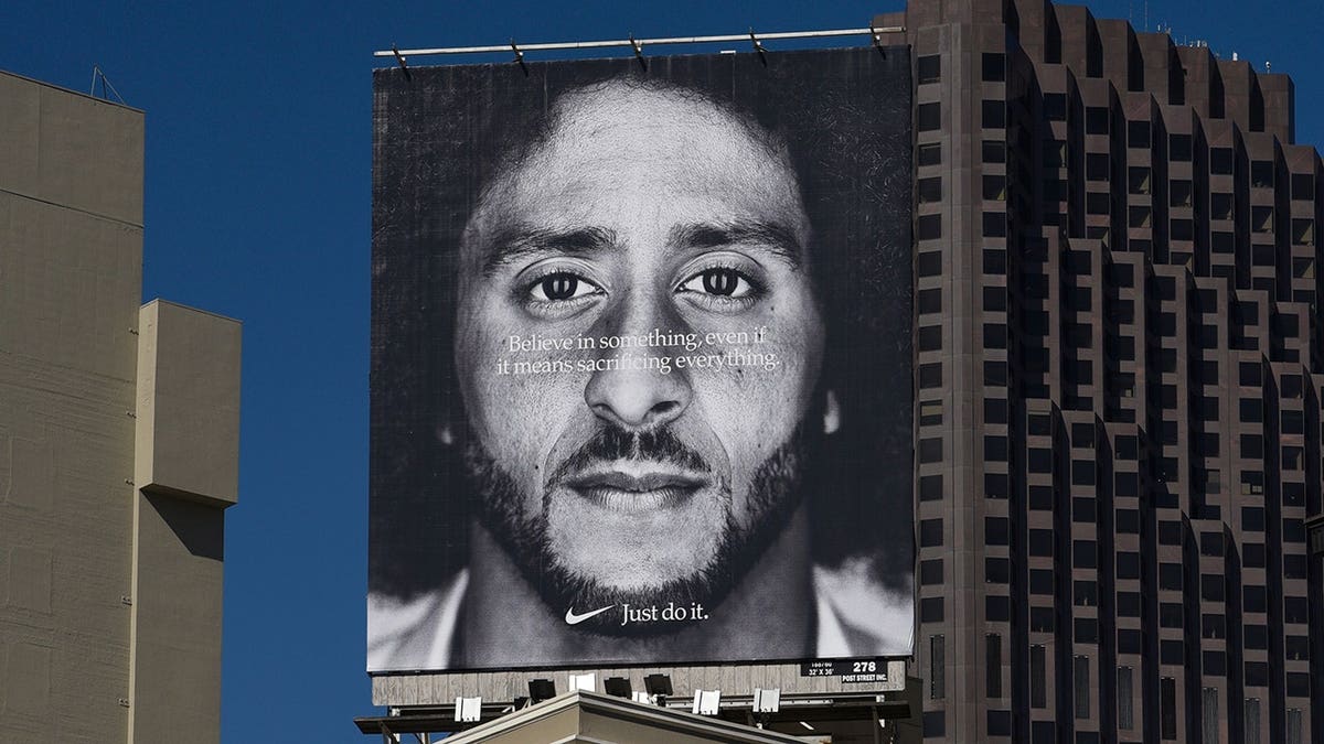 Colin Kaepernick billboard mounted on a building in Union Square, San Francisco.