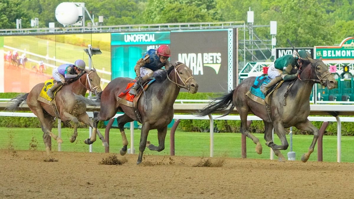 Golden Tempo pulls ahead of Commandment and Renegade down the front stretch during the 2026 Belmont Stakes at Saratoga Race Course.