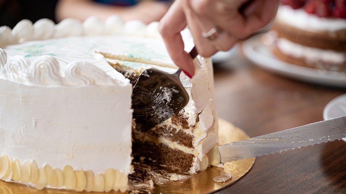 A female hand cuts into a vegan cake.