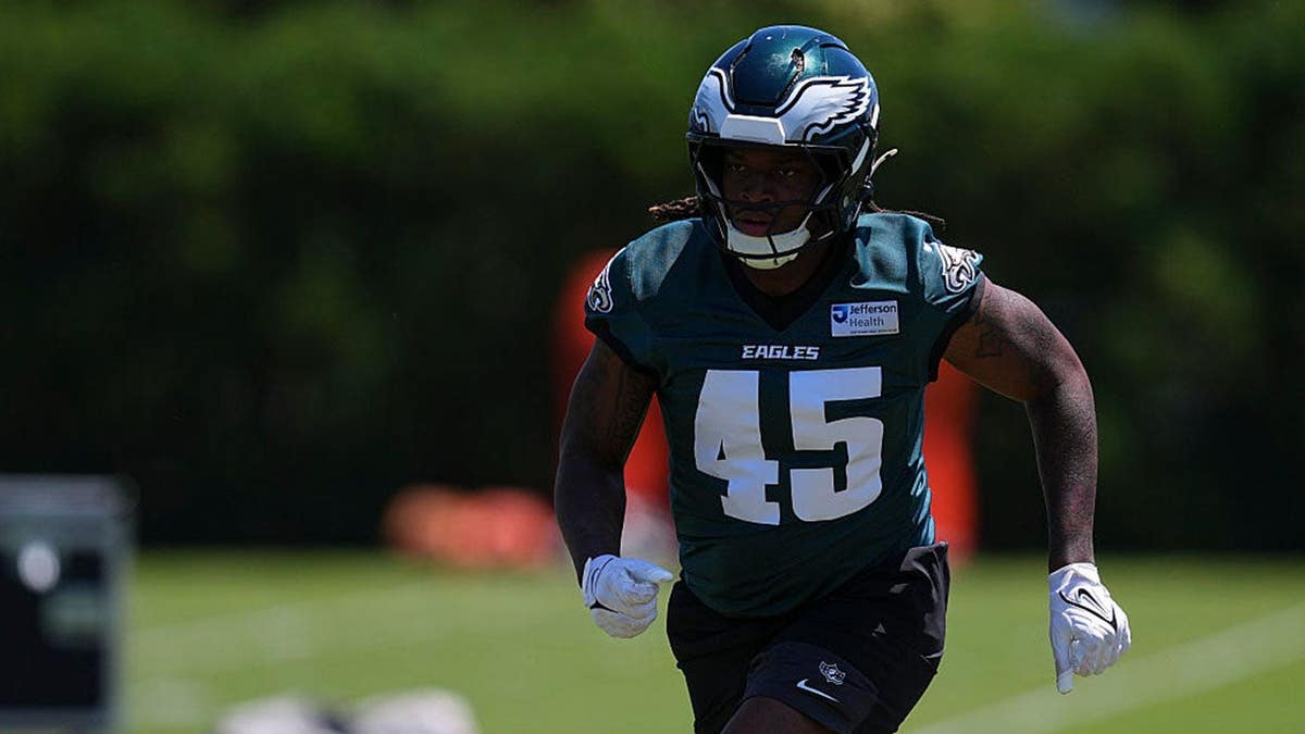 Dae'Quan Wright #45 runs during Philadelphia Eagles OTA offseason workouts.