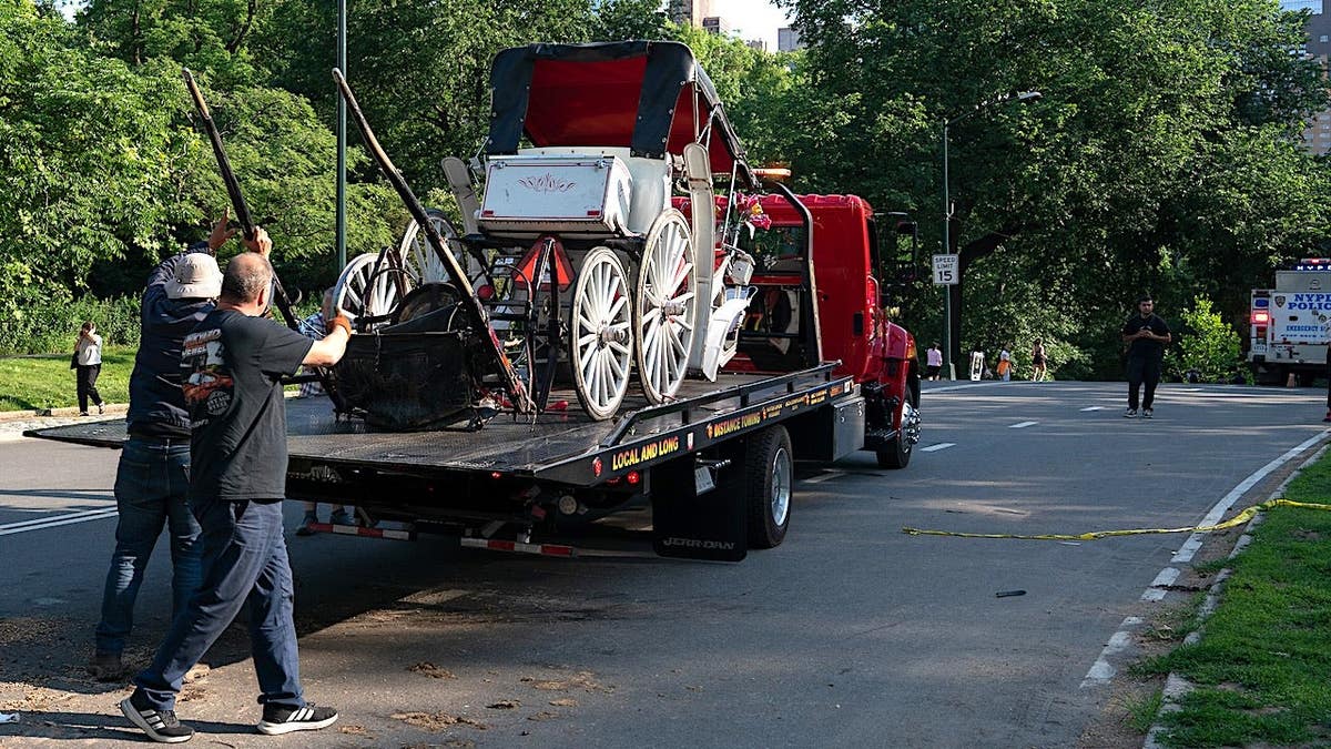 Tow truck workers load an overturned horse-drawn carriage in Manhattan.