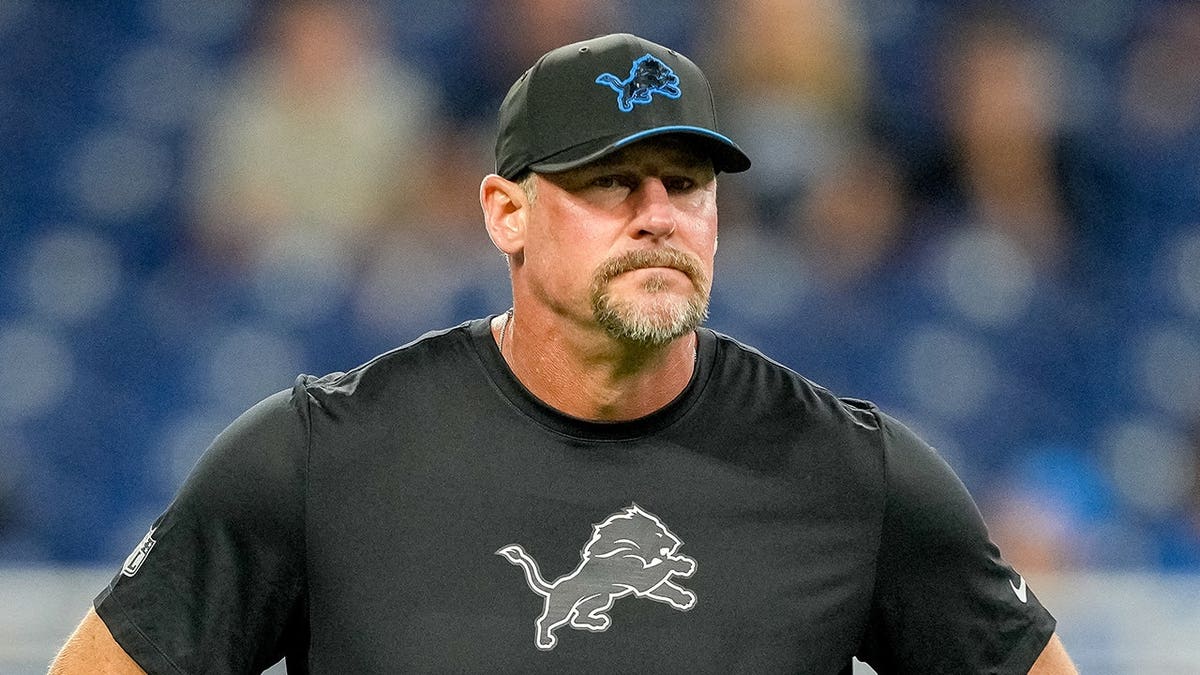 Dan Campbell looks on during a preseason game at Ford Field.
