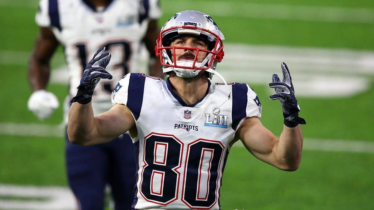Danny Amendola reacts before Super Bowl LII at U.S. Bank Stadium.