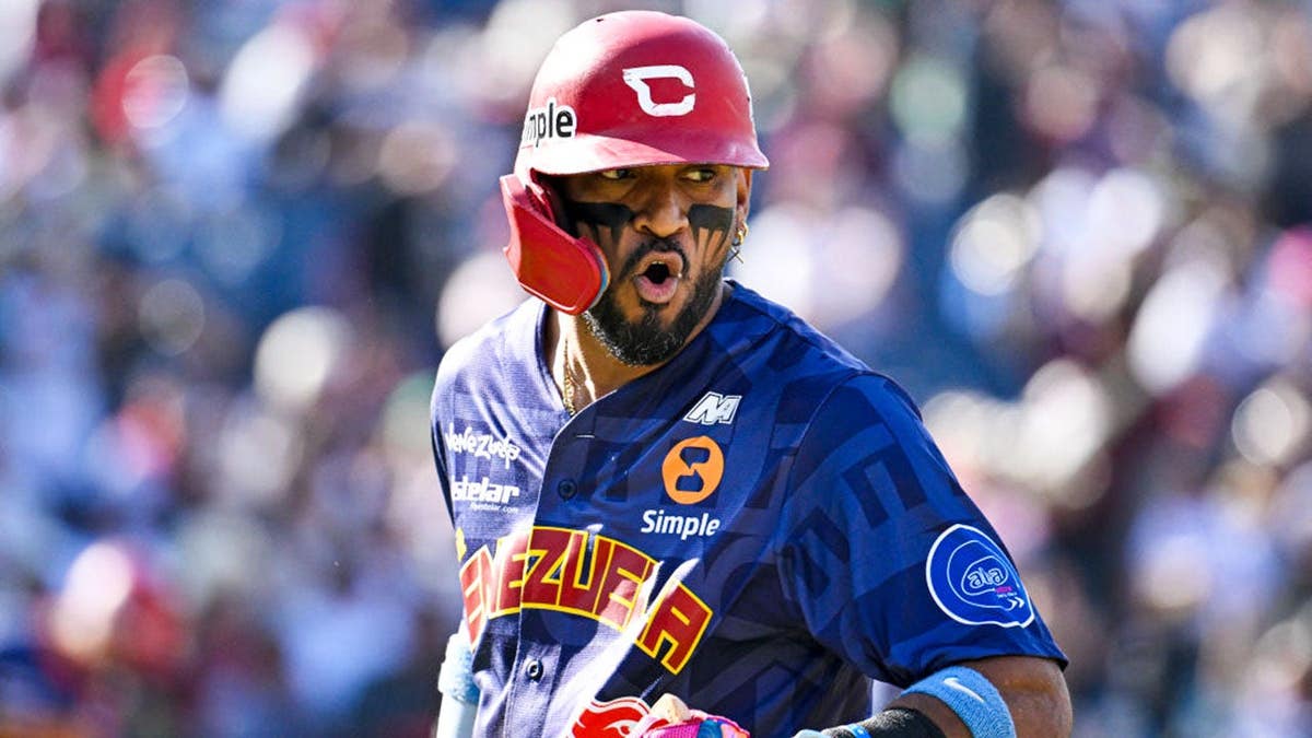 Danry Vasquez of Venezuela celebrates after hitting a home run during Serie del Caribe 2025.