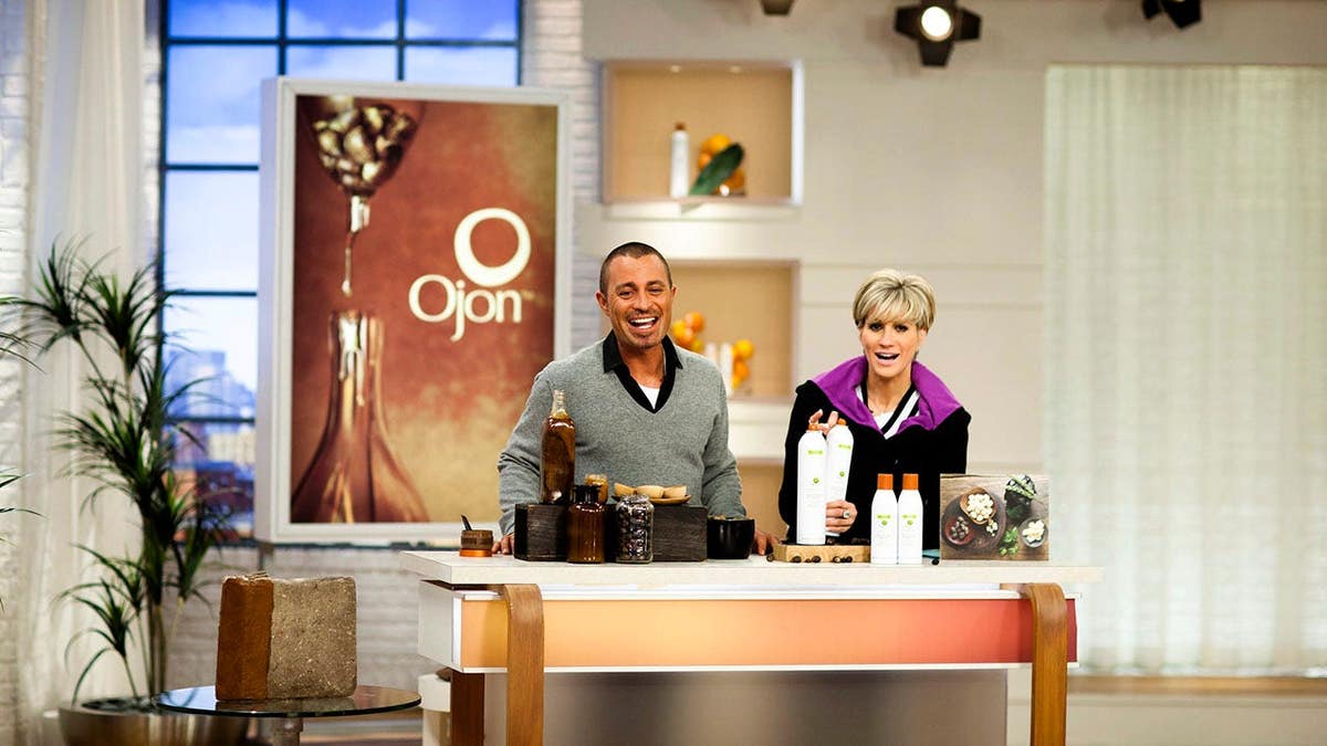 Denis Simioni and Shawn Killinger pitch Ojon hair care products during a QVC show in West Chester, Pennsylvania.