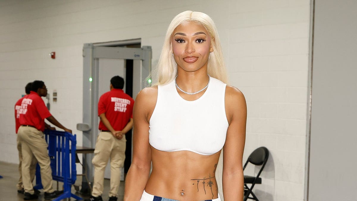 DiJonai Carrington arrives at Wintrust Arena before a WNBA game.