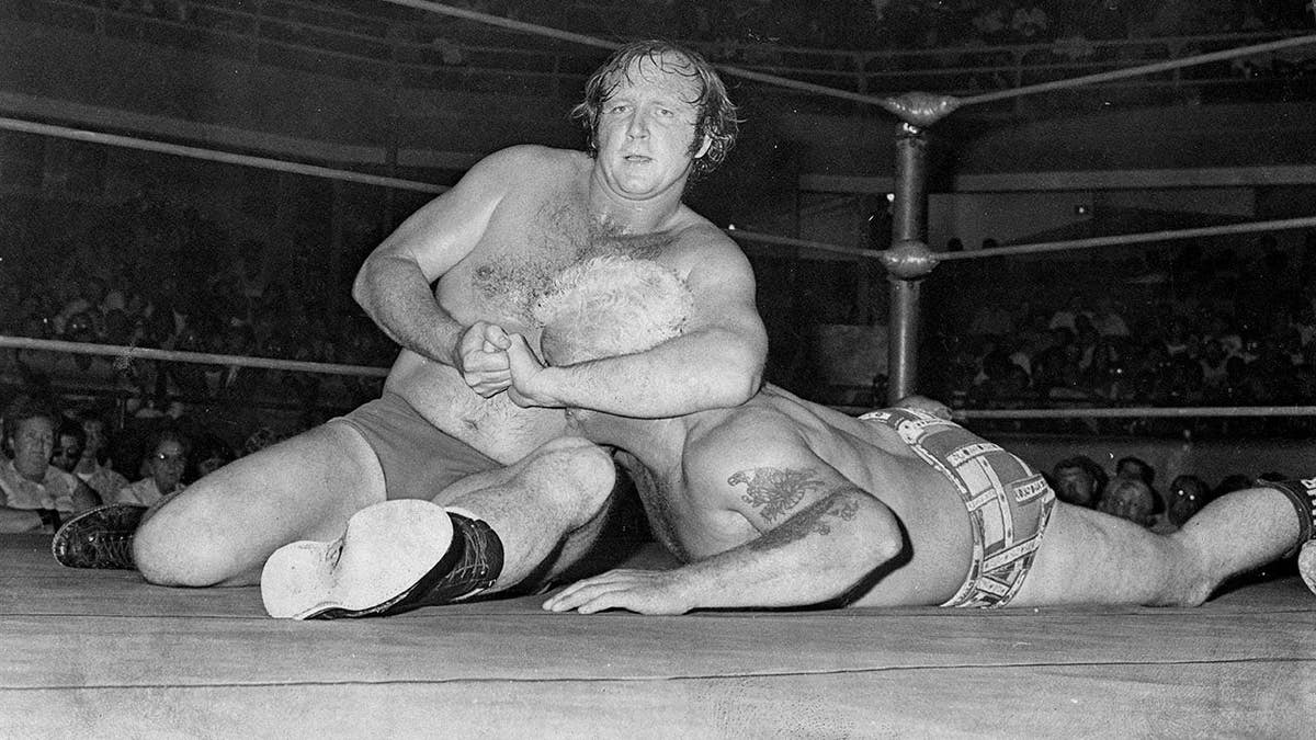 Dory Funk Jr. wrestles Harley Race during an NWA wrestling match.