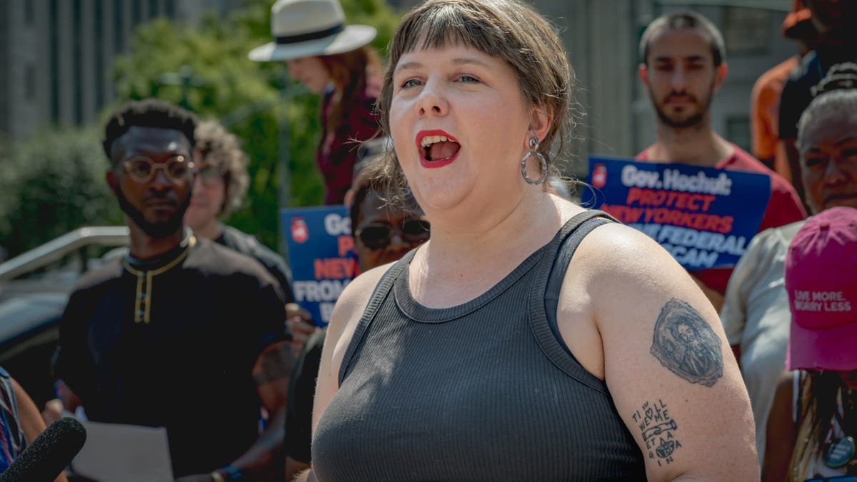 NY Assemblymember Emily Gallagher joined elected officials and a coalition of New York community organizations at Foley Square in Manhattan on Aug. 13, 2025, to rally for a special session to fund the health care system and pass the New York for All and Dignity in Detention Acts.