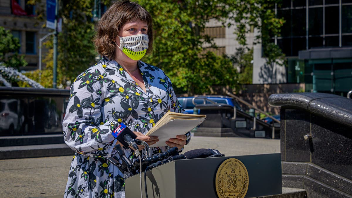 Emily Gallagher stands at a press conference in Manhattan.