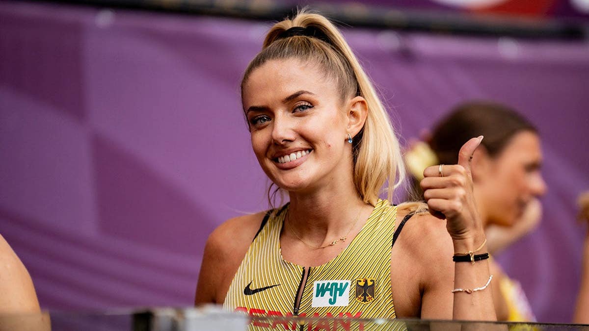 Alica Schmidt poses after Women's 4x400m heats at Stadio Olimpico in Rome.
