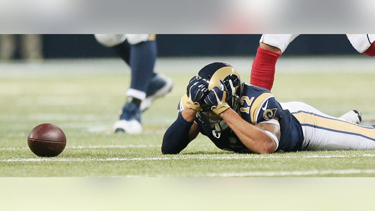 St. Louis Rams wide receiver Stedman Bailey reacts after dropping a pass on third down in the fourth quarter against the Arizona Cardinals on Thursday, Dec. 11, 2014, at the Edward Jones Dome in St. Louis. The Cards won, 12-6. (Chris Lee/St. Louis Post-Dispatch/Tribune News Service via Getty Images)