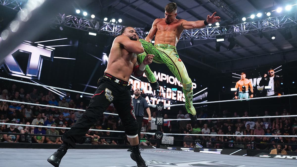 Grayson Waller and Cruz Montana wrestle during NXT at the WWE Performance Center.