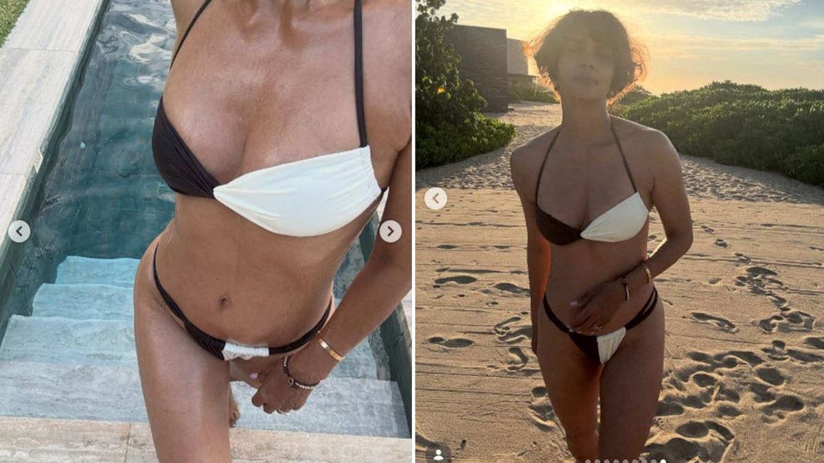 A split image of Halle Berry coming out of the water and standing on the beach in a bikini.