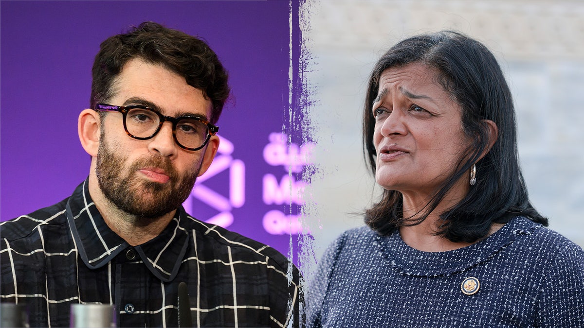 A split image of Hasan Piker and Rep. Pramila Jayapal