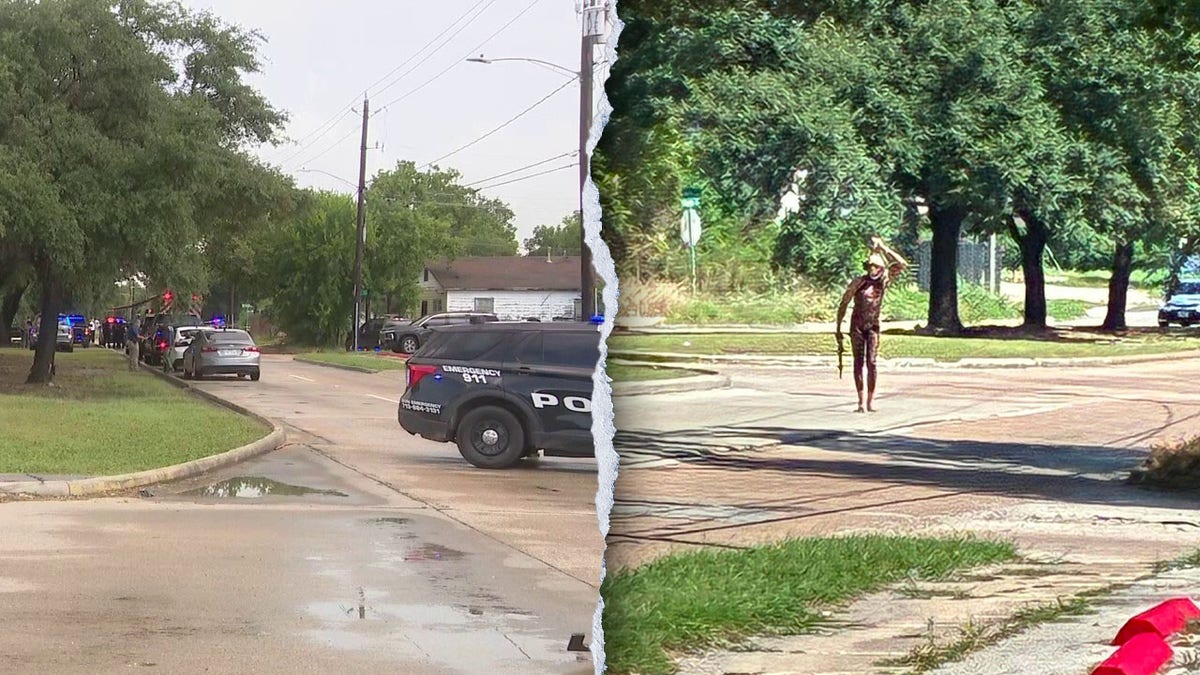 Split image of a gunman and crime scene
