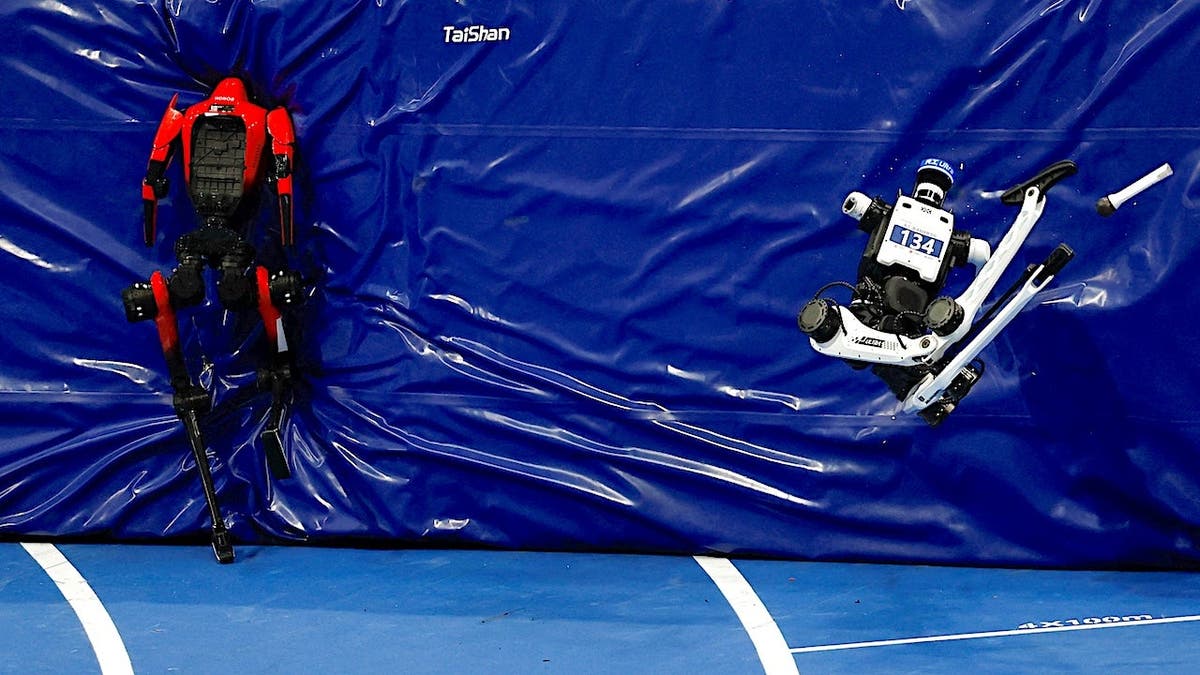 Humanoid robots clash onto a cushion after finishing a 100m group preliminary race at the National Speed Skating Oval in Beijing.