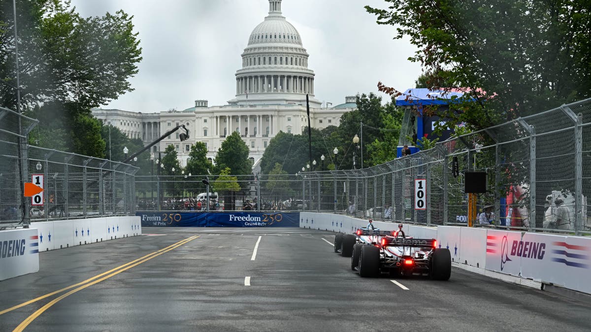 Drivers participate in an NTT INDYCAR SERIES Freedom 250 practice session in Washington, D.C.