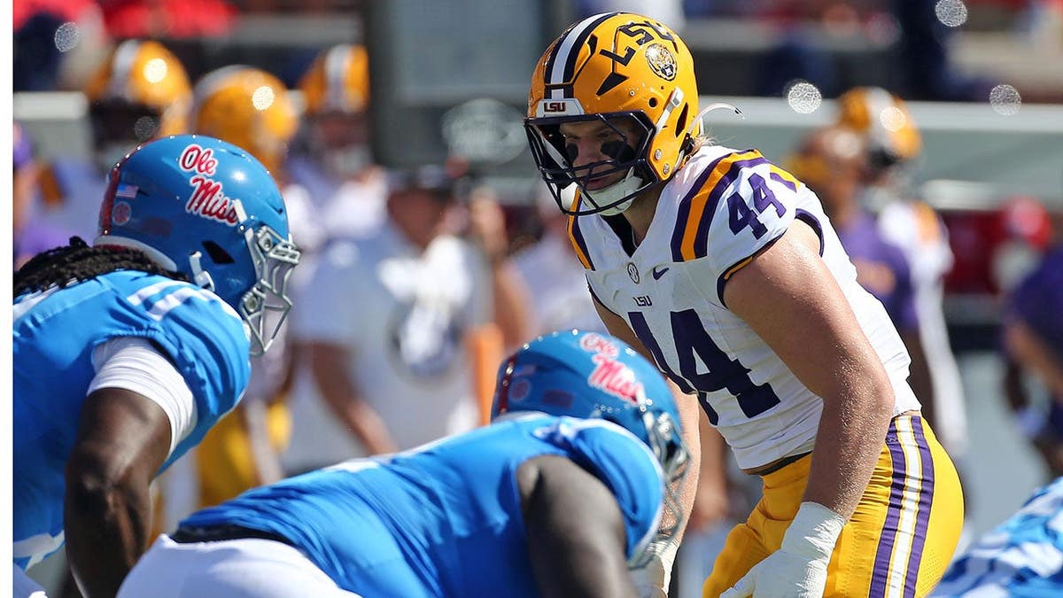 Jack Pyburn, LSU Tigers defensive end, waits for the snap during a football game.