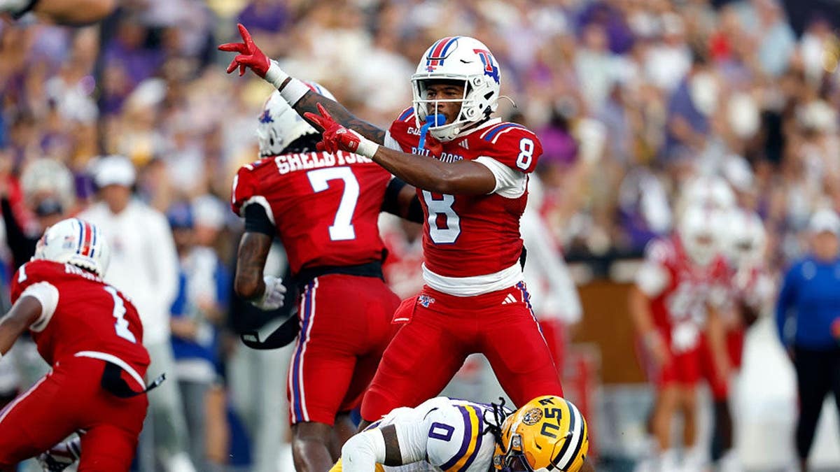 Jacob Fields No. 8 reacts during a football game at Tiger Stadium.