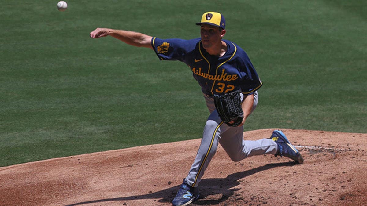 Jacob Misiorowski, Milwaukee Brewers pitcher, throws during the first inning against the Los Angeles Angels.