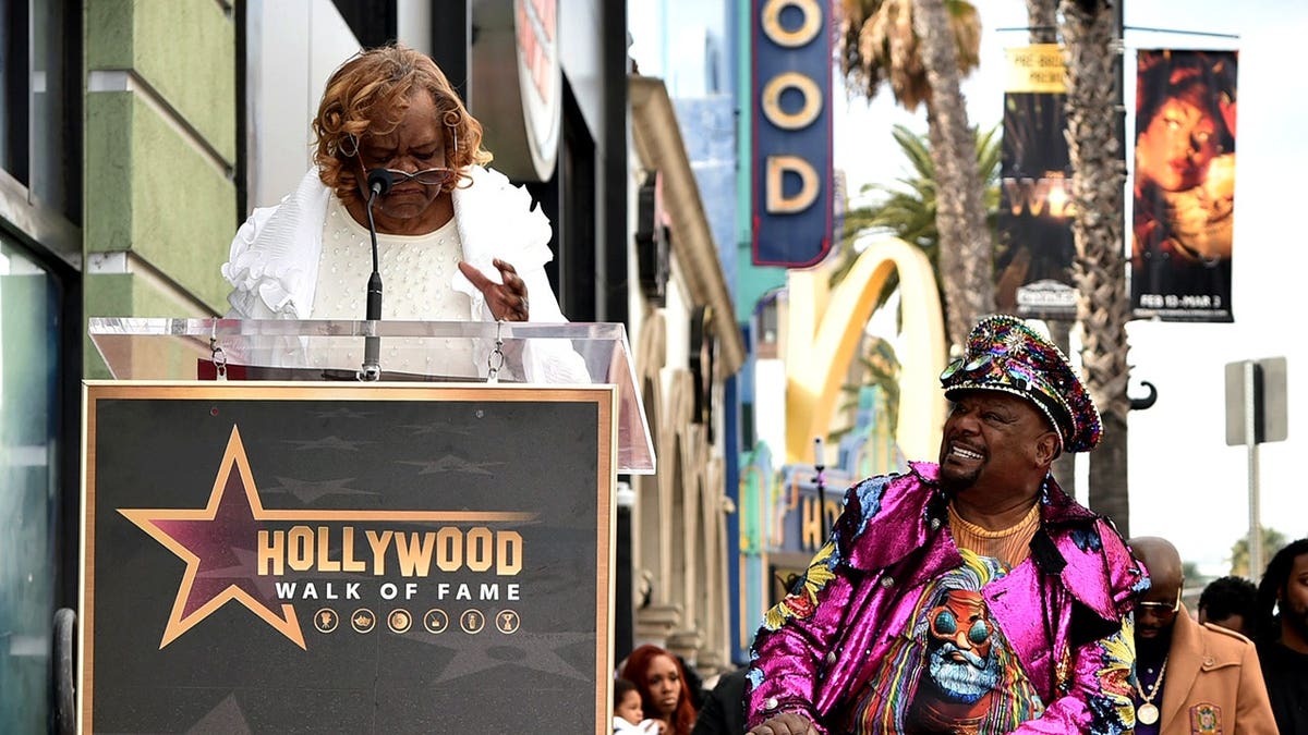 Janie Bradford and George Clinton attend a Hollywood Walk of Fame ceremony honoring Clinton in Los Angeles.