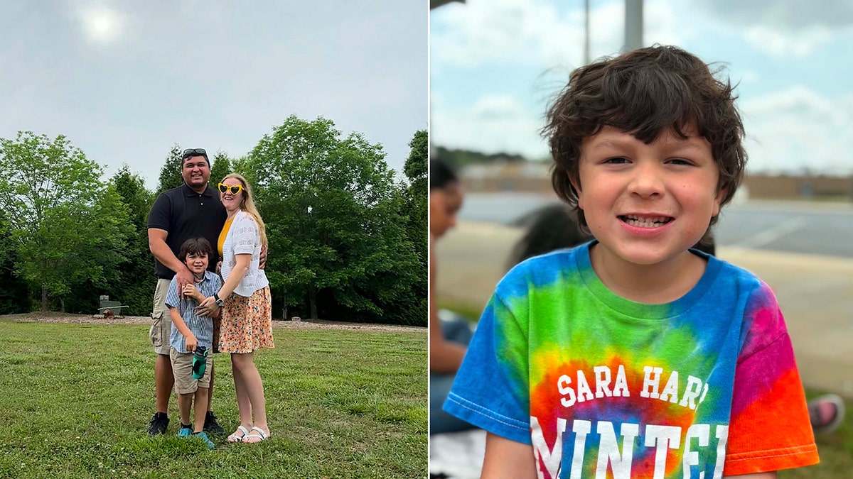 Split image of a family standing together on a grassy lawn and a close-up portrait of a smiling young boy wearing a tie-dye shirt.