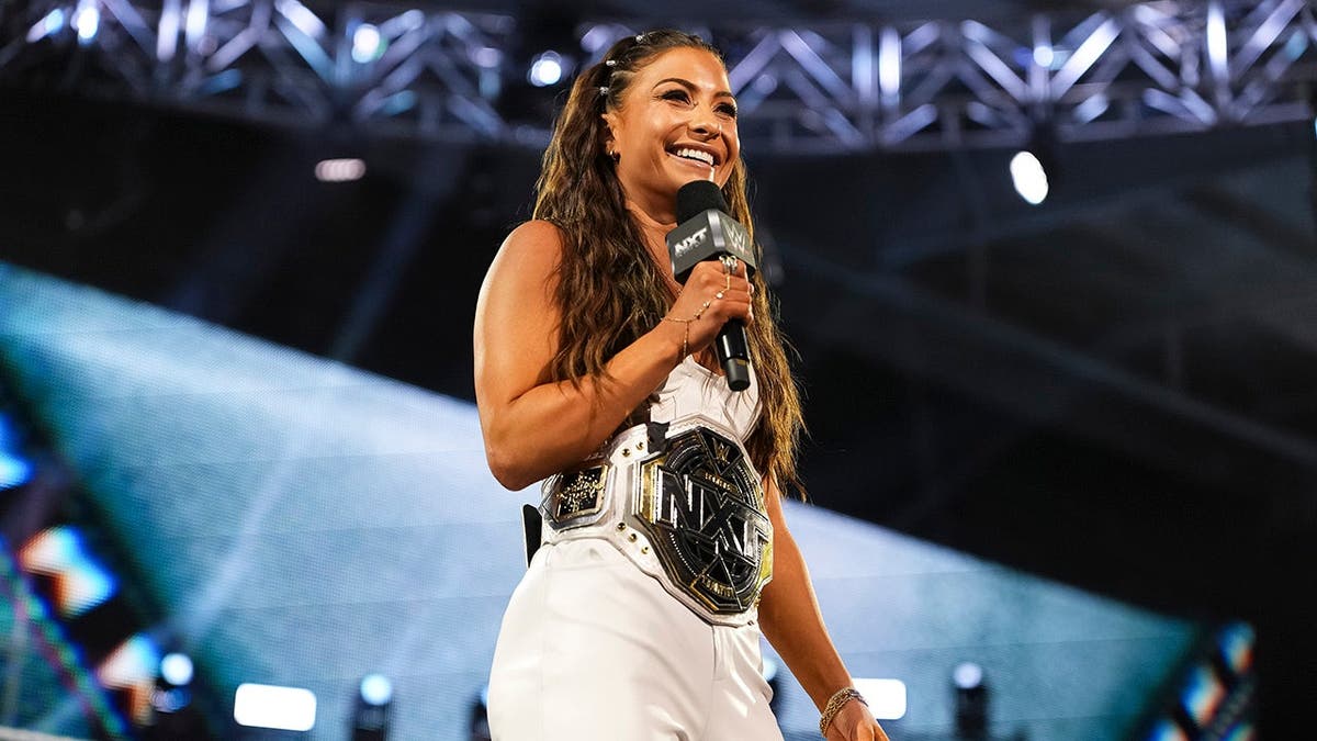 Kendal Grey, NXT Women's Champion, speaks at the WWE Performance Center in Orlando.