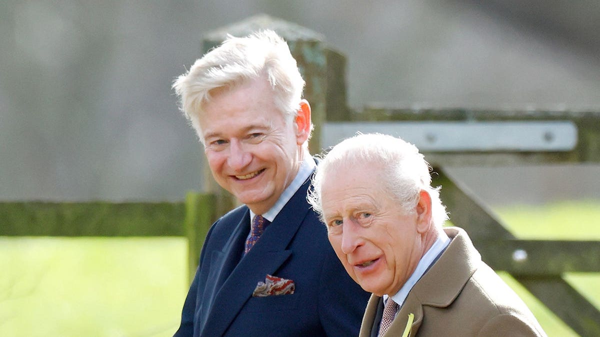 King Charles III departs church service with Sir Clive Alderton at Sandringham.