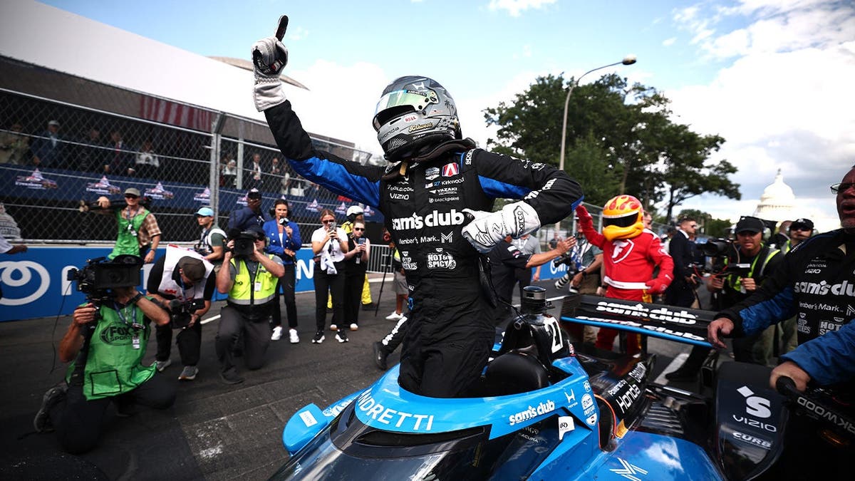 Kyle Kirkwood celebrating Freedom 250 GP win