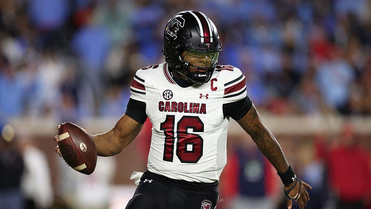 Lanorris Sellers of South Carolina scrambles against Mississippi Rebels at Vaught-Hemingway Stadium.