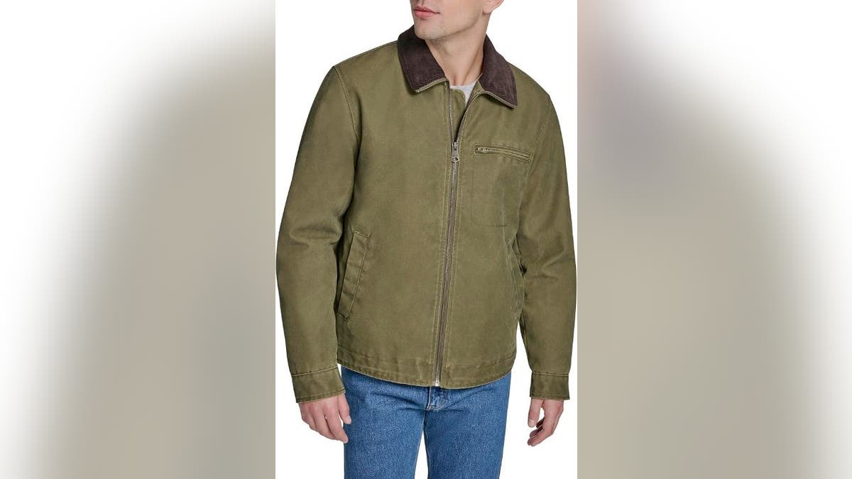 This tough jacket has a warm yet lightweight lining.