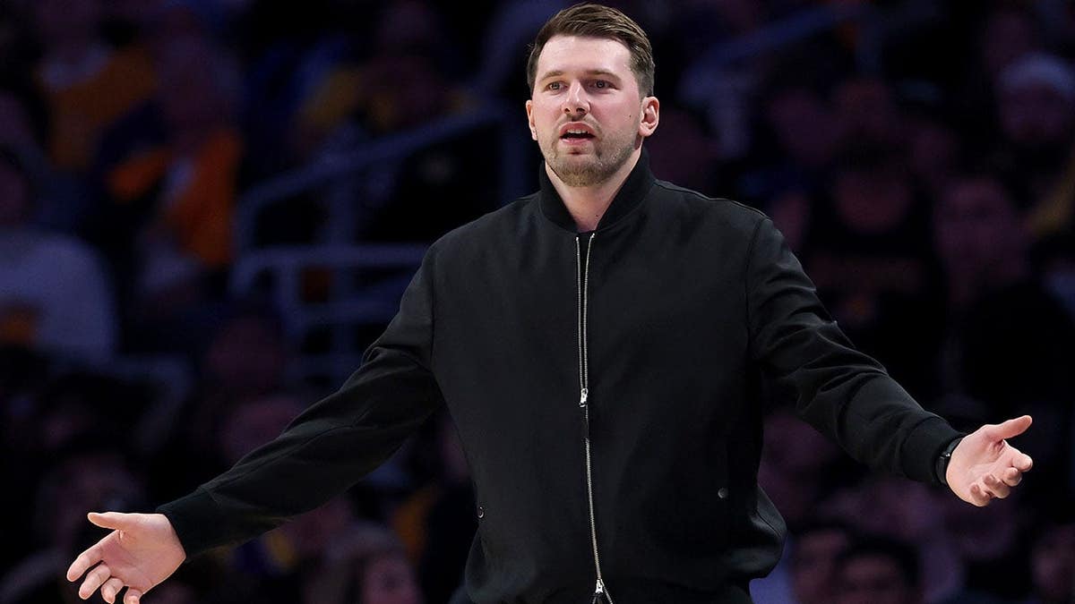 Luka Doncic reacts from the bench during an NBA playoff game against the Oklahoma City Thunder.