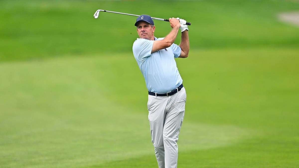 Matt Gogel plays a shot from the 13th fairway during a golf tournament.