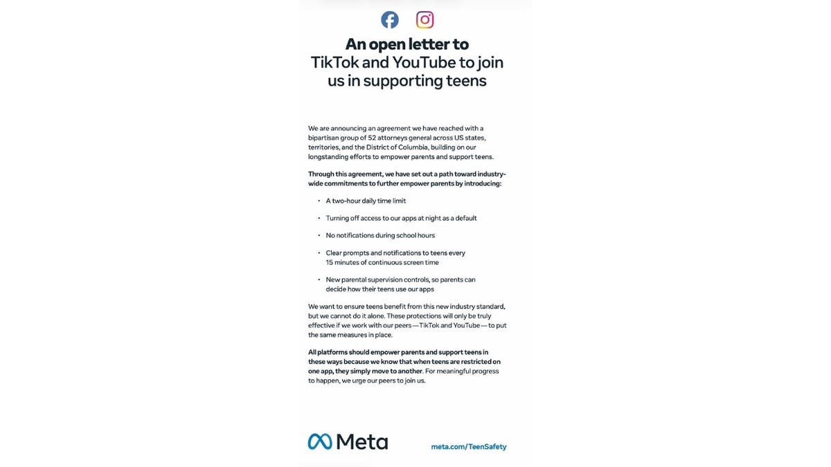 A letter from Meta to TikTok and YouTube