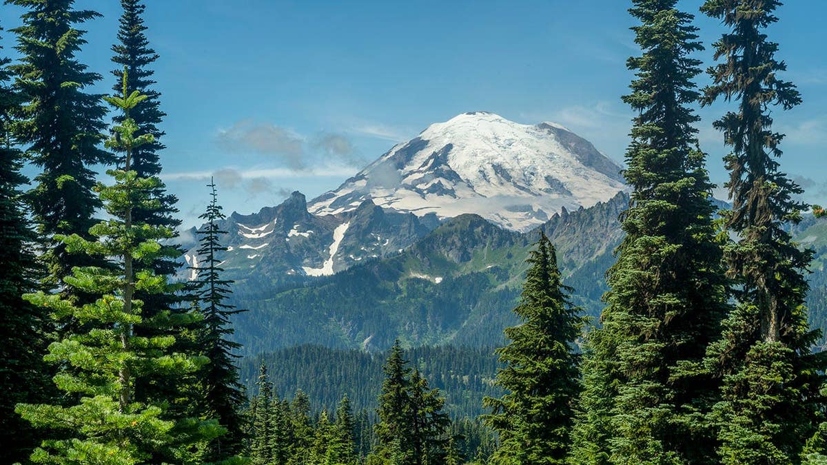 Mount Rainier rises in the distance from the Naches Peak Loop Trail.