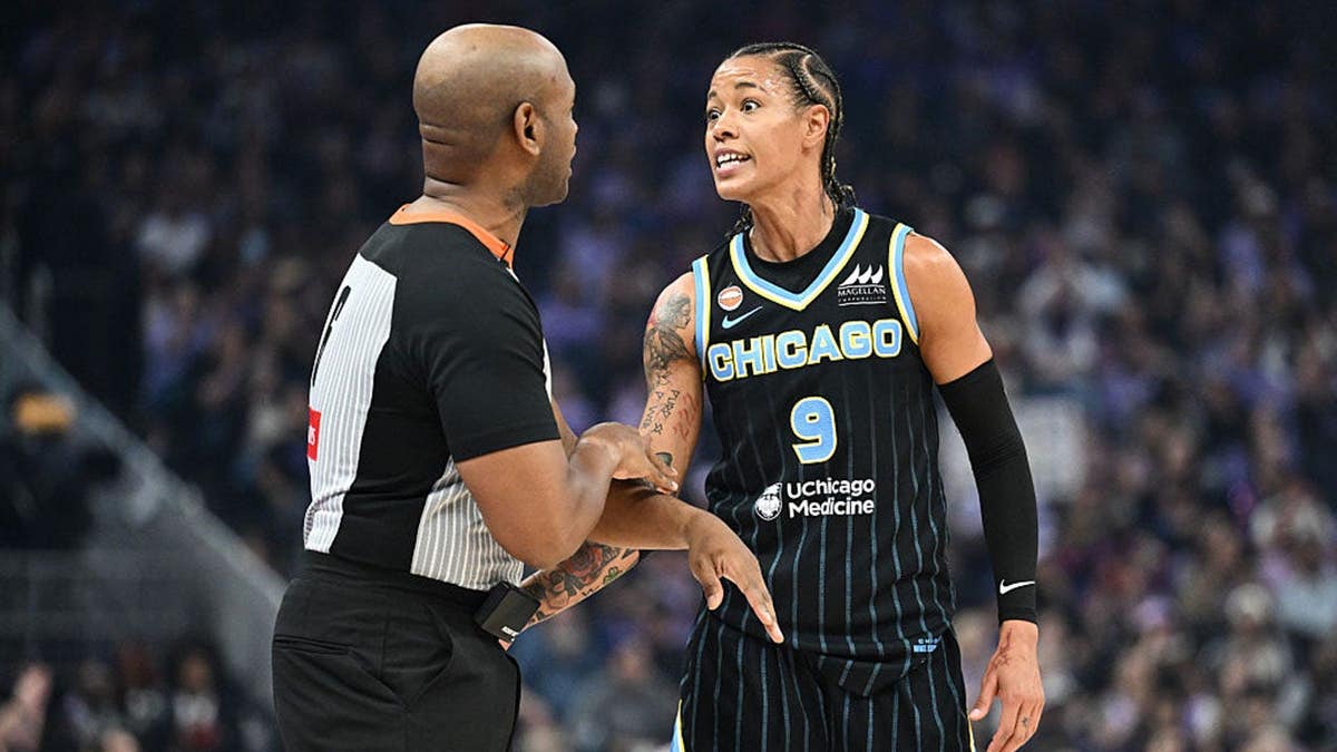 Natasha Cloud reacts during a Chicago Sky game against the Golden State Valkyries at Chase Center.