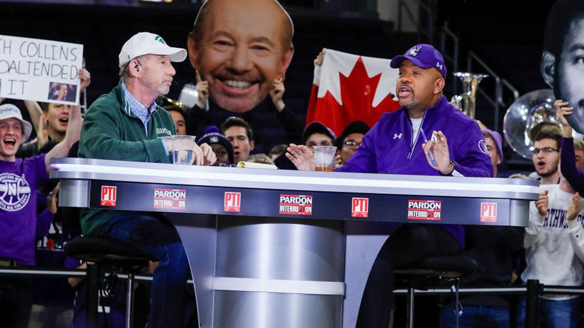 Michael Wilbon and Tony Kornheiser sit during a taping at Welsh-Ryan Arena.