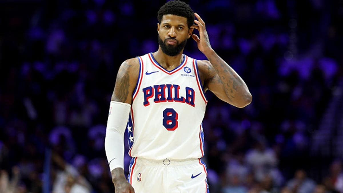 Paul George of the Philadelphia 76ers reacts during an NBA playoff game.