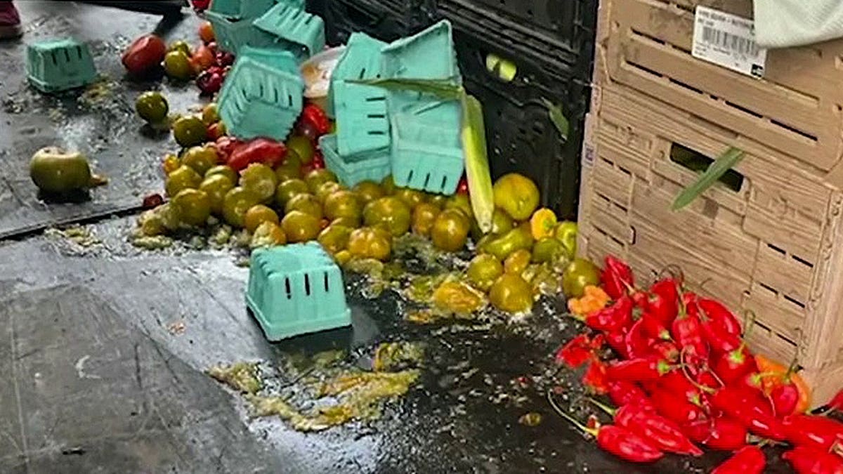 Ruined produce from a small farm's ransacked van in Pennsylvania