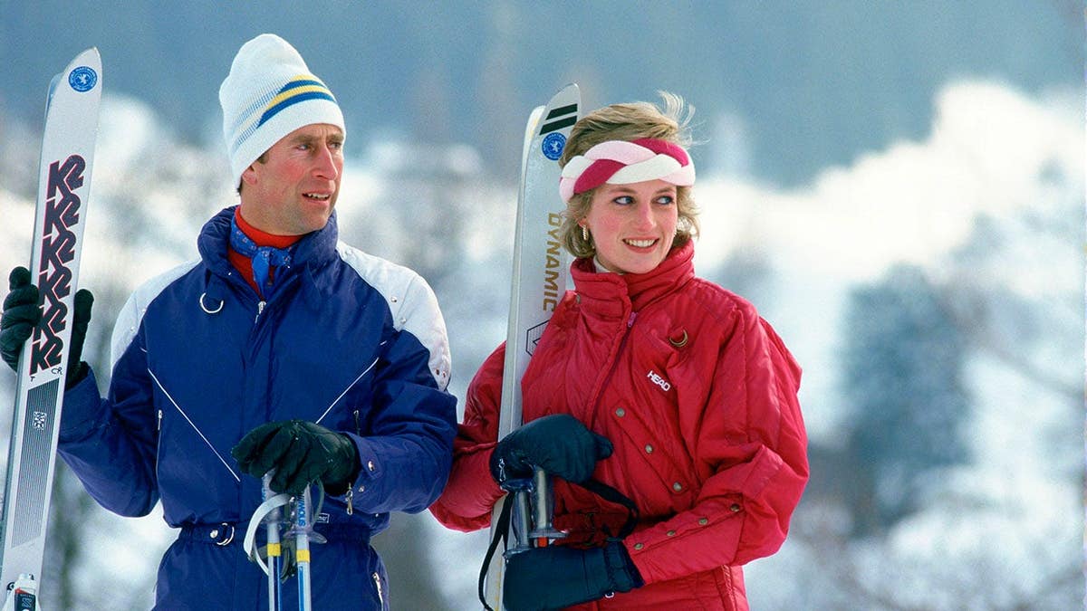 Prince Charles and Princess Diana stand together on skis in Klosters, Switzerland.