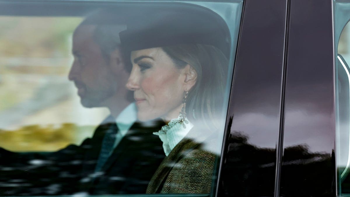 Prince William and Catherine, Princess of Wales, arrive at Crathie Kirk Church.