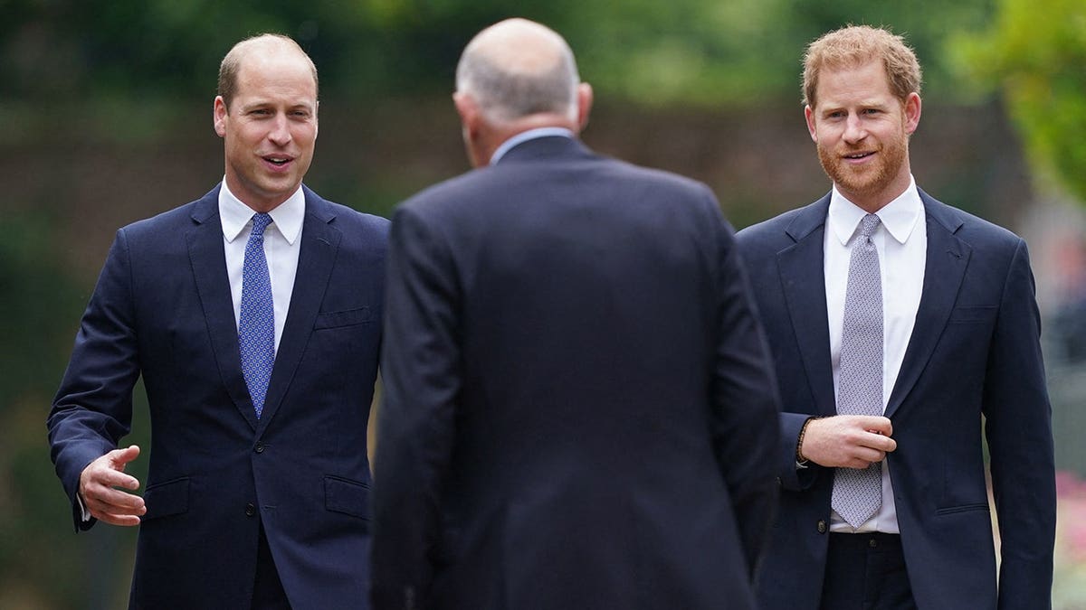 Prince William and Prince Harry are greeted by Jamie Lowther-Pinkerton at Kensington Palace.