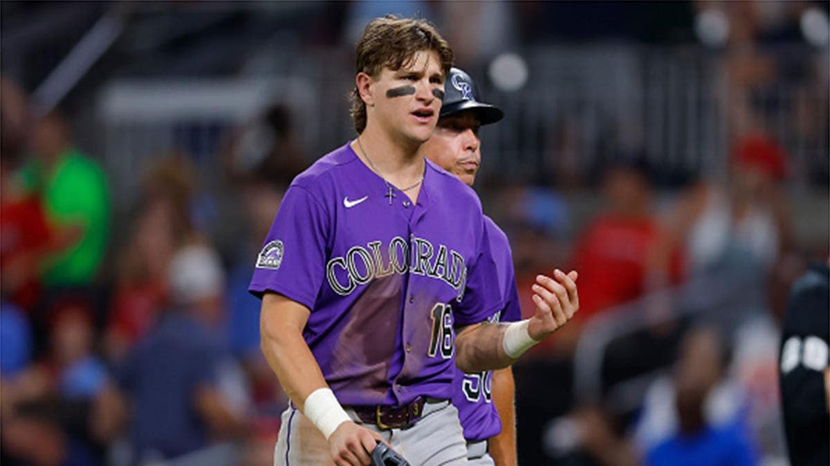 Cole Carrigg #16 reacts during the eighth inning at Truist Park.