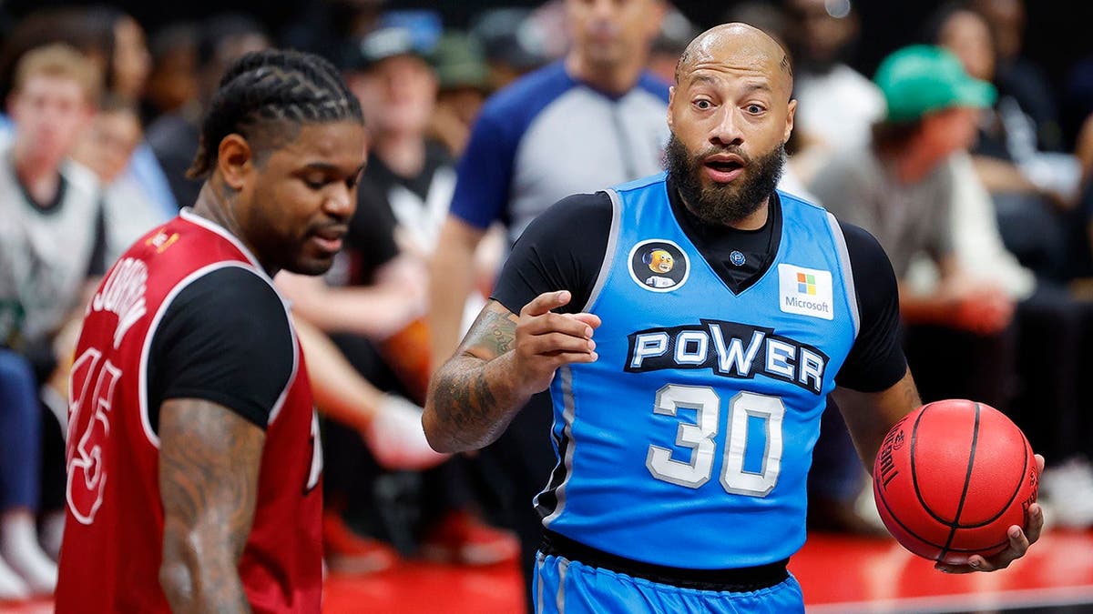 Royce White reacts during the BIG3 Championship at State Farm Arena.