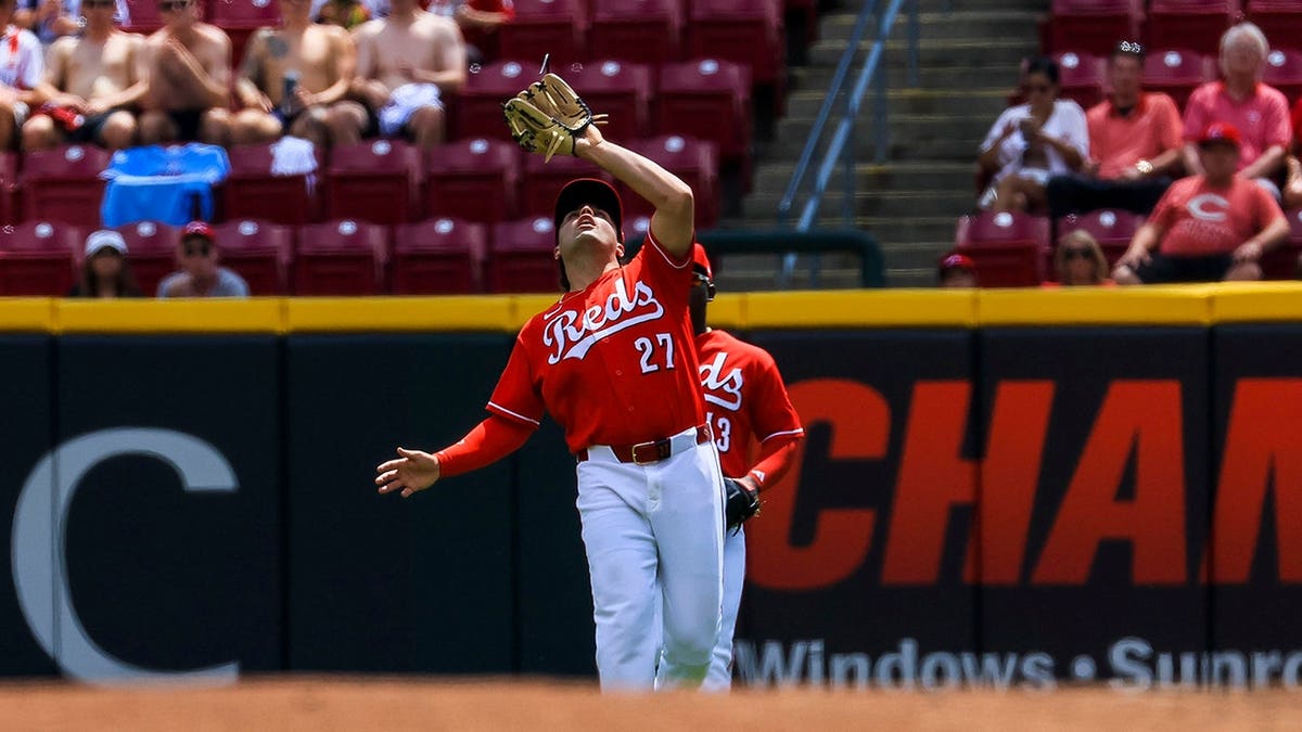 Sal Stewart, Cincinnati Reds second baseman, catches a pop up at Great American Ball Park.