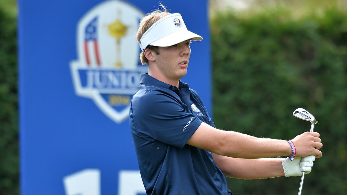 Sam Burns swings a golf club during the Junior Ryder Cup in Perth, Scotland.