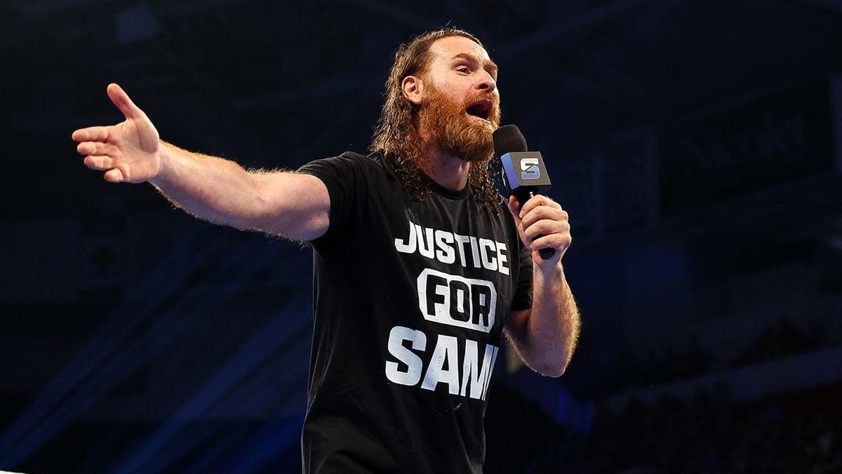 Sami Zayn speaks during SmackDown at Resch Center in Green Bay, Wisconsin.