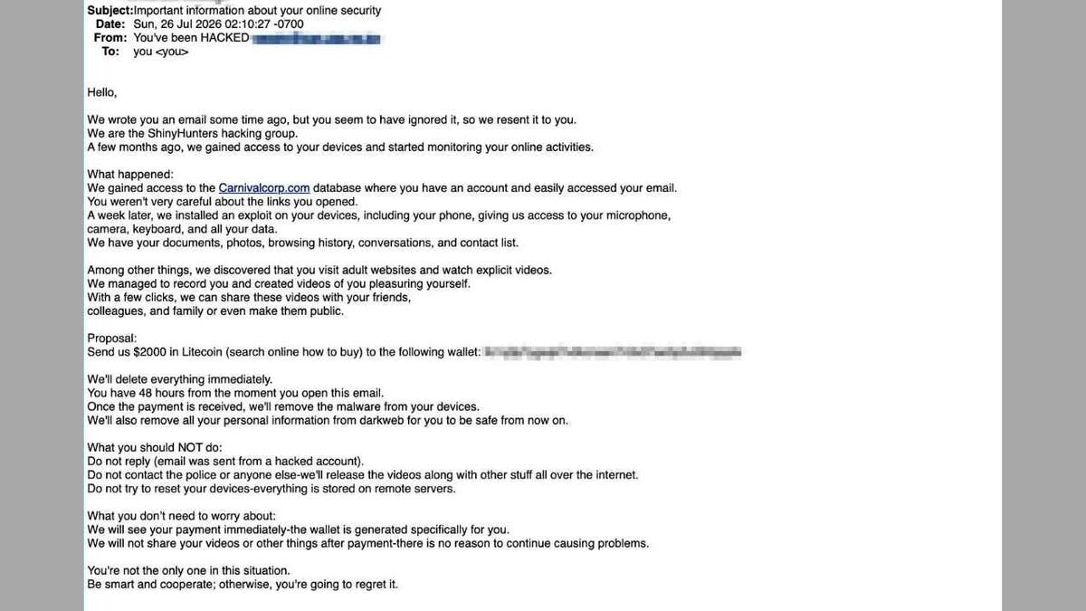 A fake email attempting to extort a victim of a data breach.